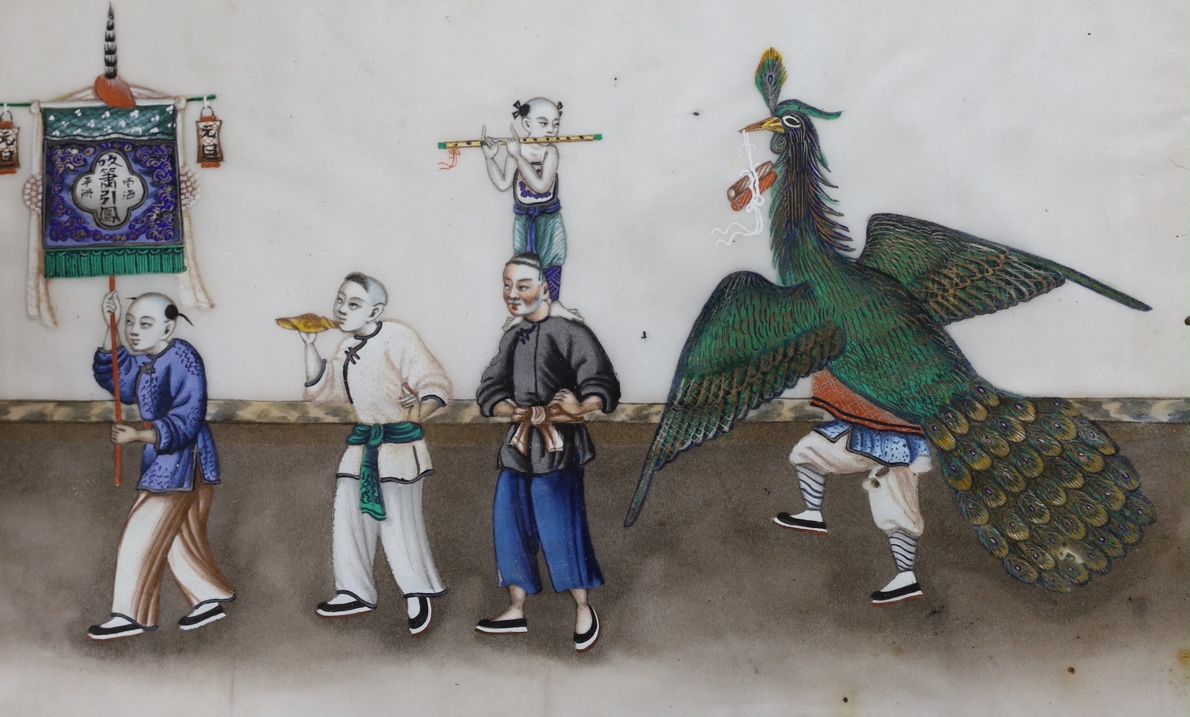 19th century Chinese School, three gouaches on pith paper, Procession of figures, 18 x 30cm